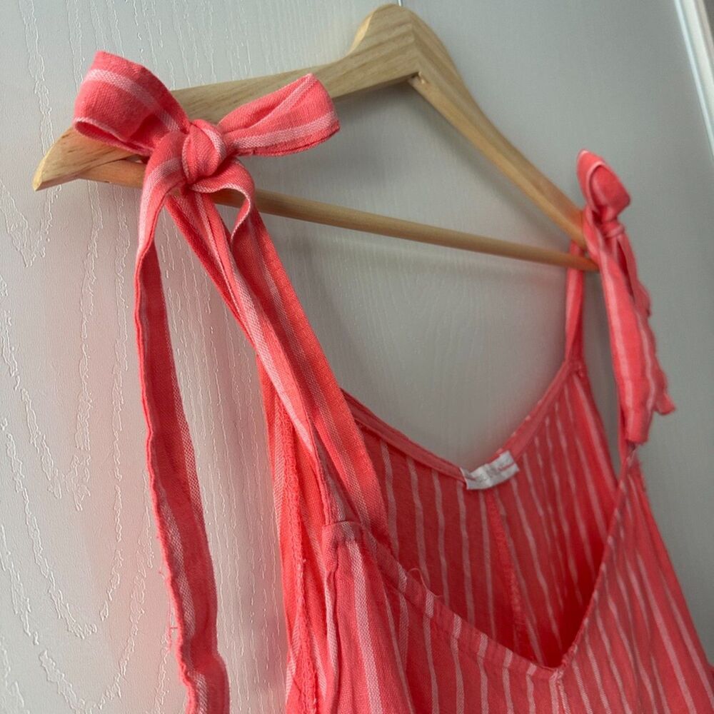 Made in Italy Linen Striped Romper Jumpsuit Coral Pink Tie Strap Boho Resort M/L - Picture 2 of 8